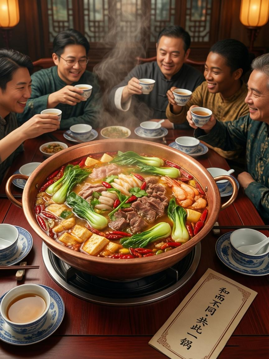 Top-down view of a Chinese hot pot with diverse ingredients boiling together, surrounded by people of different backgrounds, symbolizing 'He' (Harmony in Diversity).
